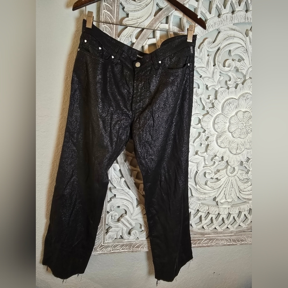 Versace Couture Black Shimmer Denim Jeans Vintage Wide Leg Made In Italy Size 35